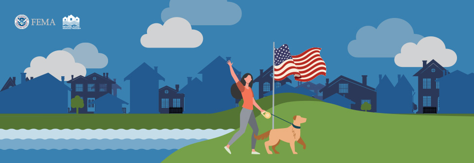women waving, walking dog, and an american flag waving