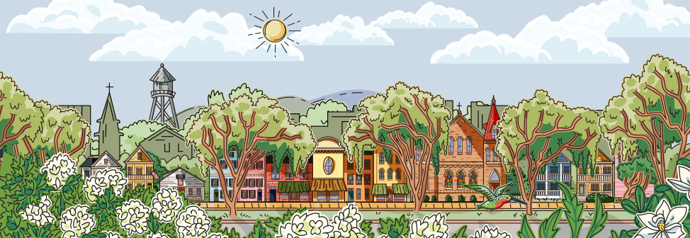 houses on a street with trees, flowers and the sun shining in the sky