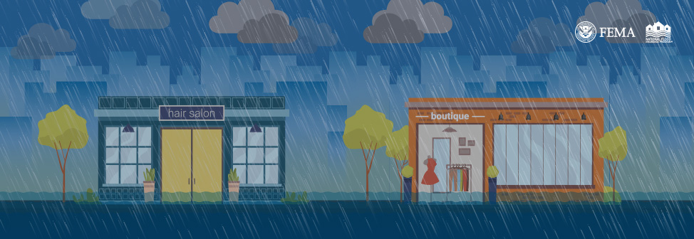hair salon and a boutique shop with rain falling in the background