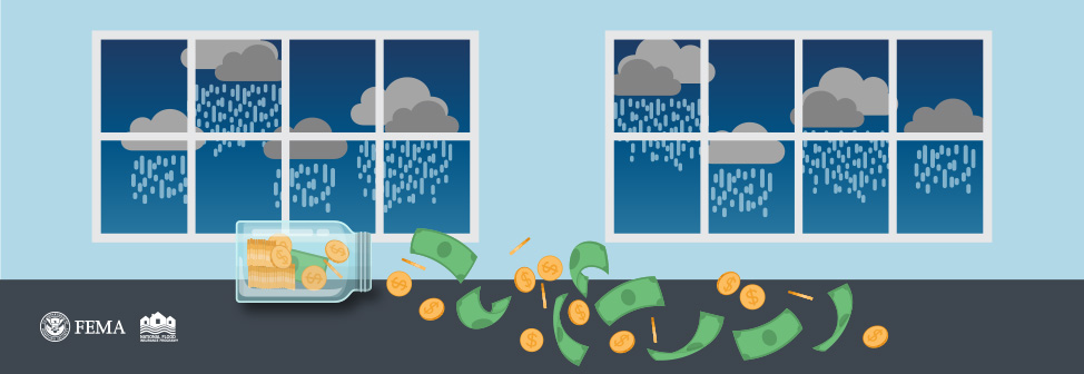 money jar opened with money pouring out and rain clouds in the windows