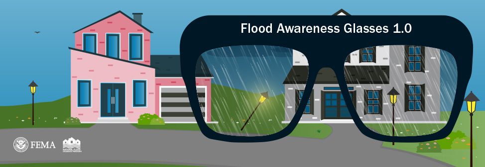 flood awareness glasses looking through rain at houses