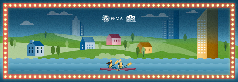 Stage with lights showing a couple kayaking through a flooded neighborhood