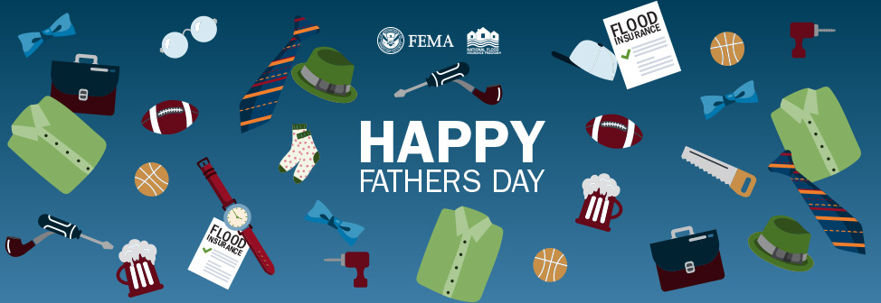 Icons of clothing, drinks, power tools, and flood insurance documents. Text: Happy Fathers Day