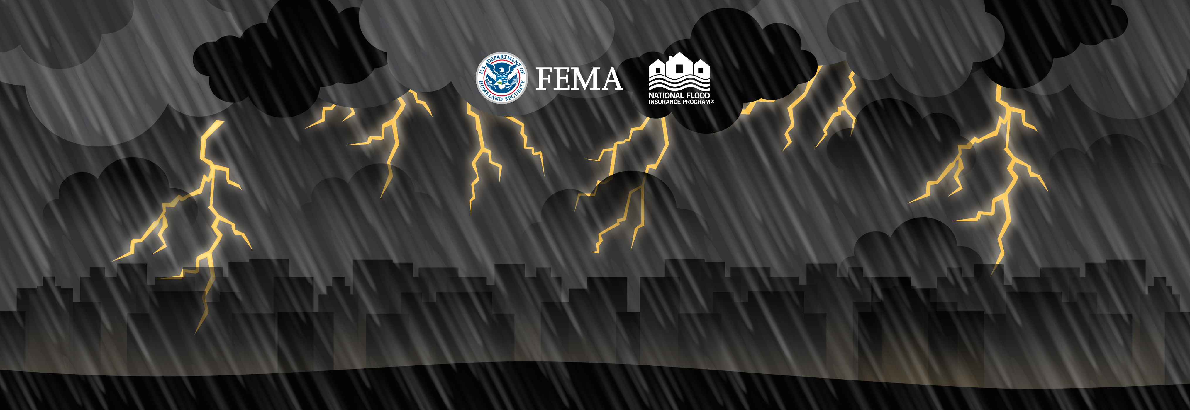 Dark clouds and lightning storm above city skyline
