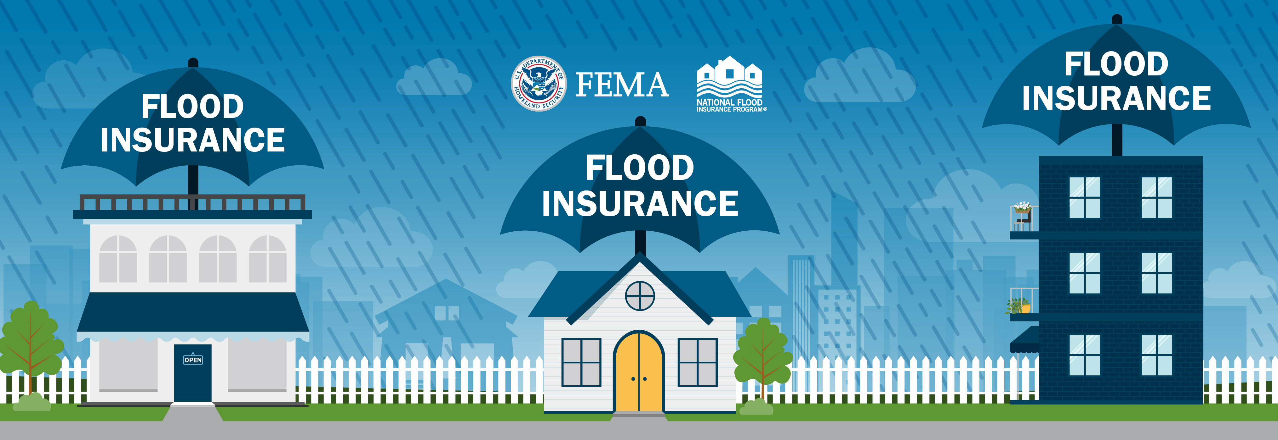 Row of houses with white picket fence, covered by umbrellas labelled "Flood Insurance" during a rainstorm