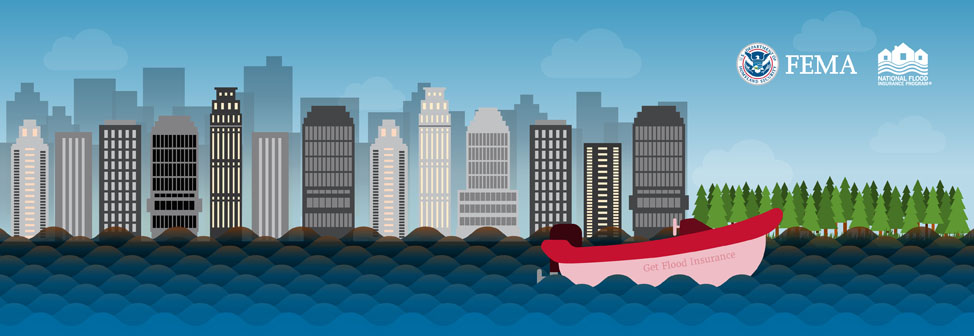 Boat on a flooding river, with city skyline in the background