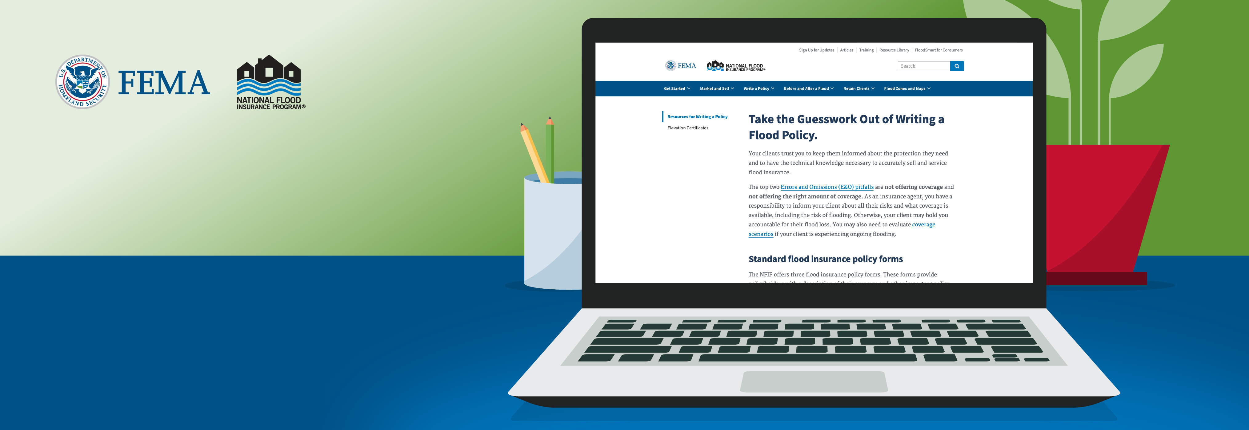 Open laptop on blue table browsing FEMA website.