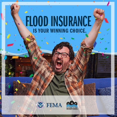 Man celebrating with arms up, sitting on a couch while confetti falls. Text: Flood insurance is your winning choice.