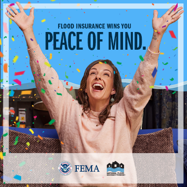 Woman celebrating, arms raised, and sitting on a couch while confetti falls. Text: Flood insurance wins you peace of mind.