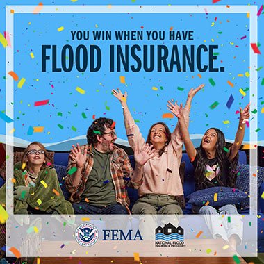 Family sitting on couch, celebrating with confetti. Text: You win when you have flood insurance.