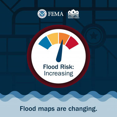 Meter above flood waters, indicating a higher flood risk level. Text: Flood maps are changing.