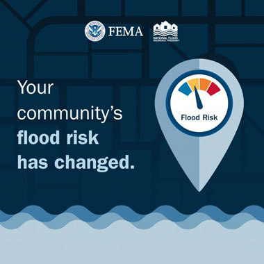 Blue map marker over flood waters, with meter showing lower flood risk level. Text: Your community's flood risk has changed