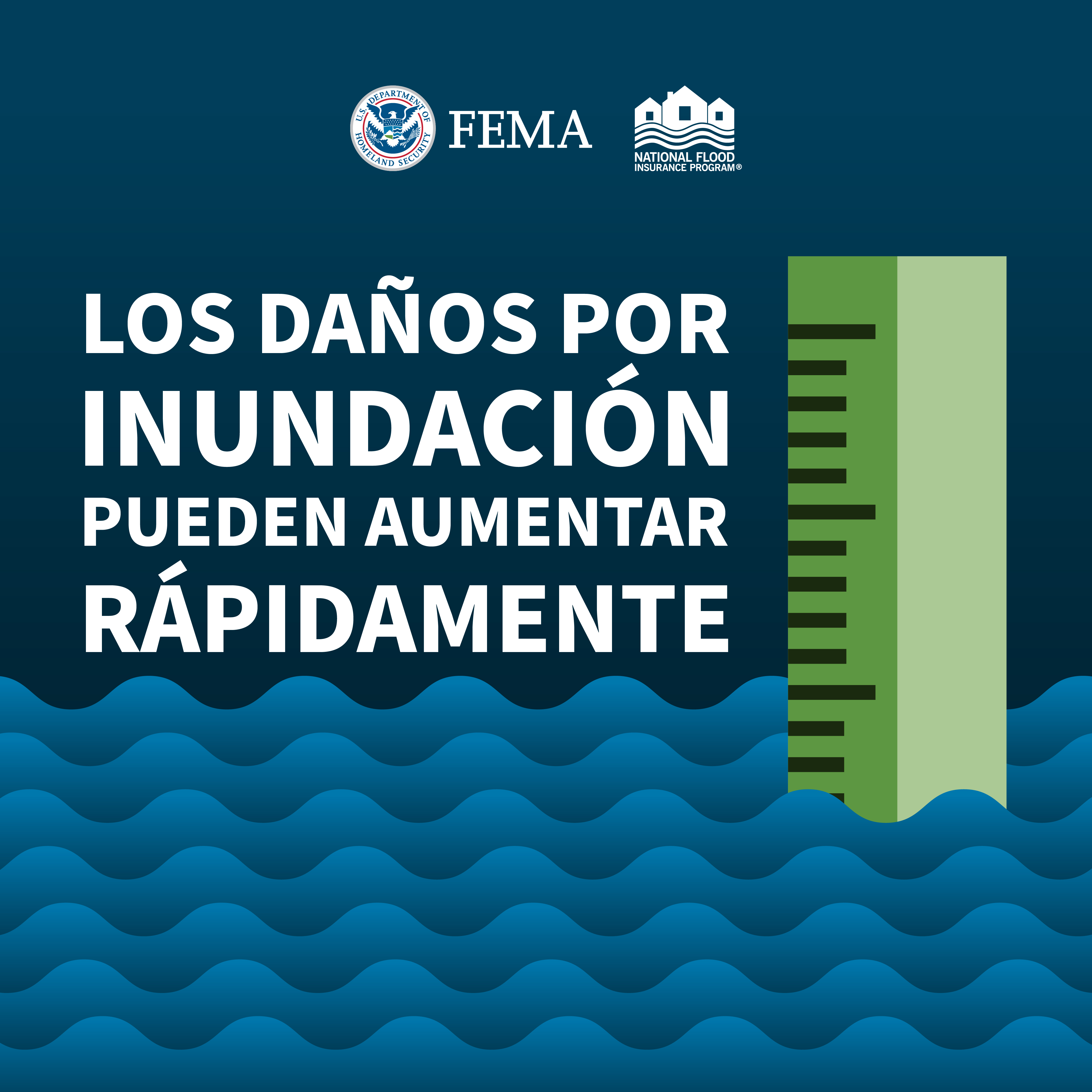 Regla que mide las aguas de inundación. Texto: Los danos por inundaciones. Pueden aumentar rapidamente