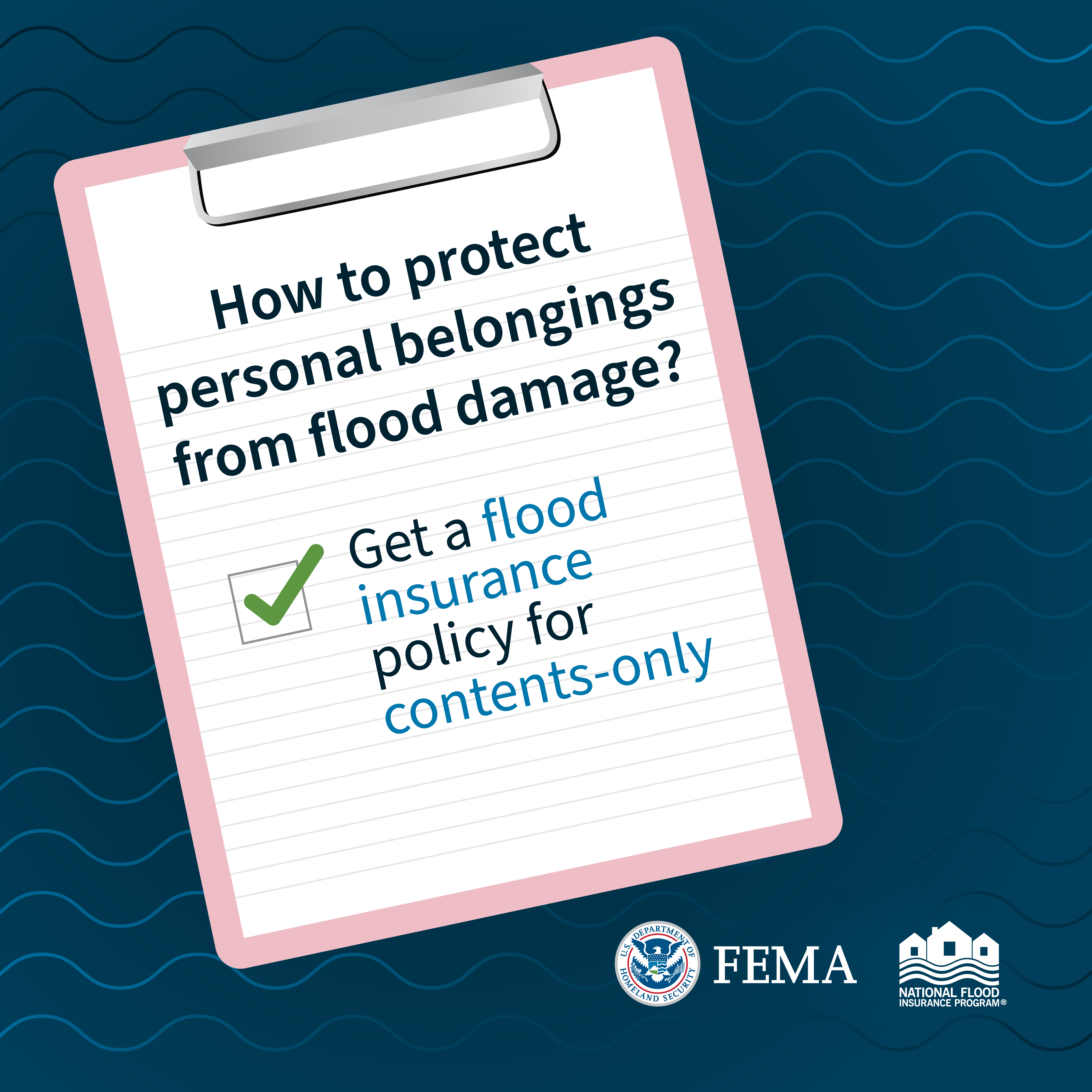Clipboard with checklist. Text: How to protect personal belongs from flood damage