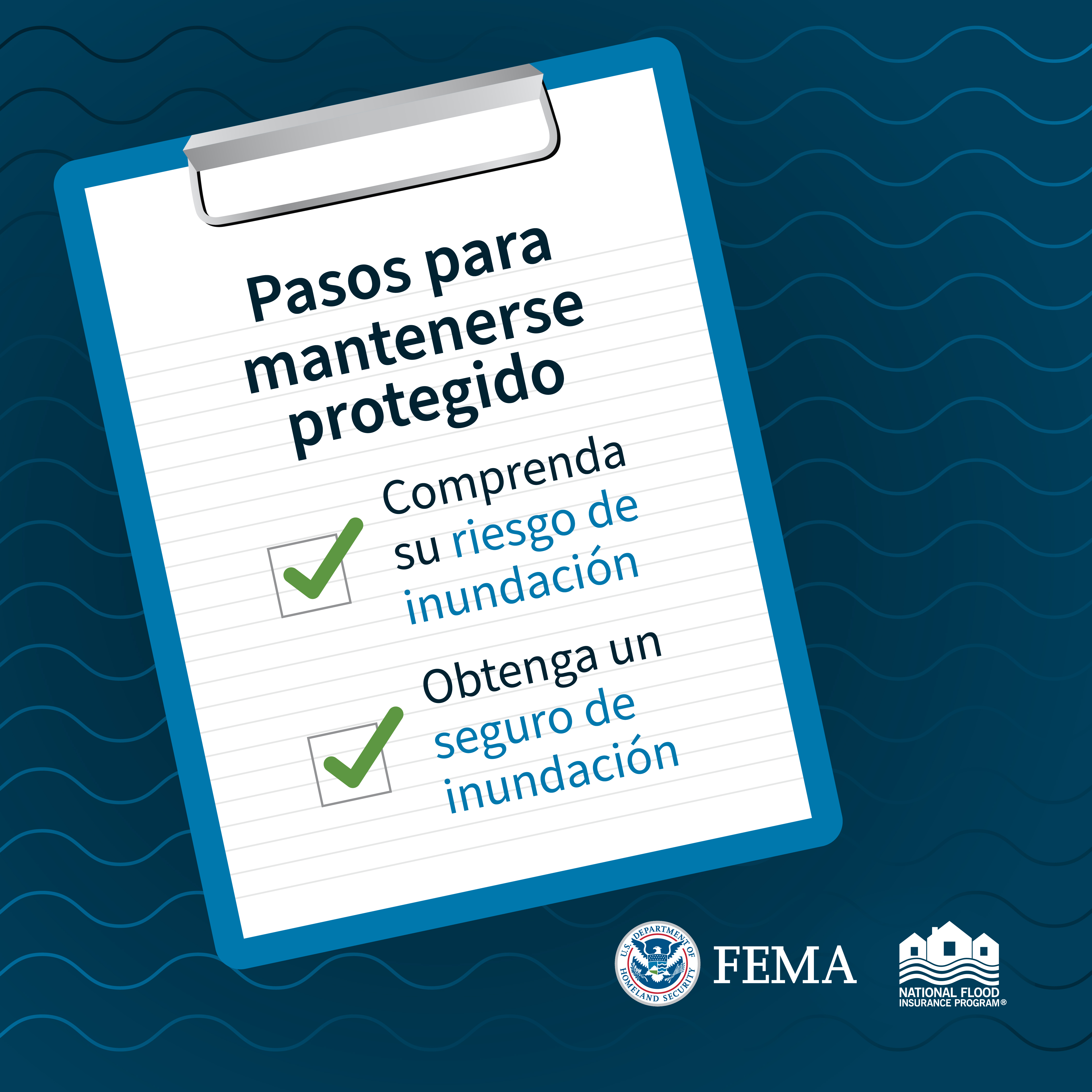 Portapapeles con lista de verificación. Texto: pasos para mantenerse protegido