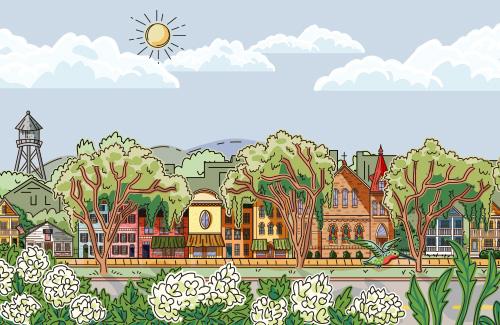 houses on a street with trees, flowers and the sun shining in the sky