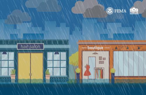 hair salon and a boutique shop with rain falling in the background