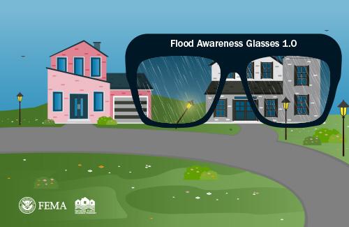 flood awareness glasses looking through rain at houses