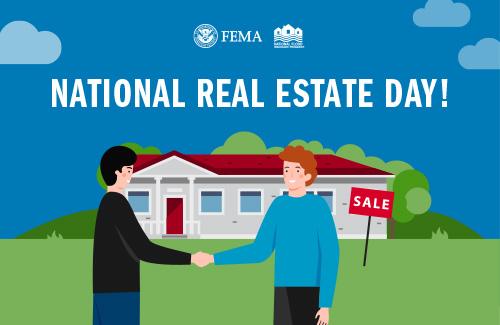 Two people shaking hands in front of a house with a sale sign. Text: National Real Estate Day!