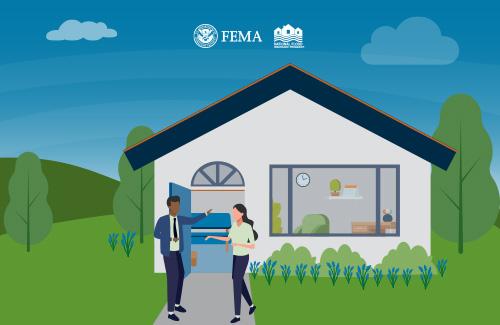 Two people having a discussion outside home with open front door