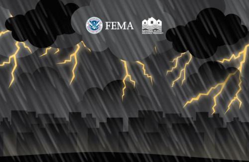 Dark clouds and lightning storm above city skyline