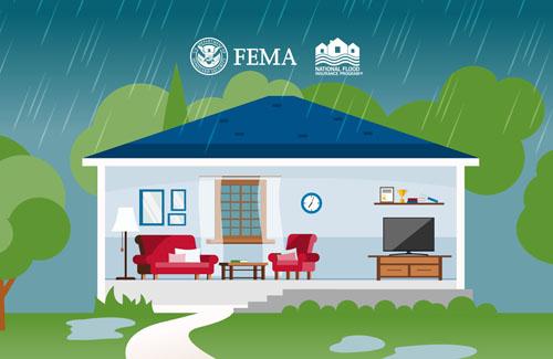 House cut away showing living room furniture while it's raining outside