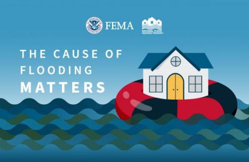 Illustration of white house on life ring in middle of the water.