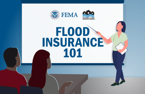 Illustration of person watching Flood Insurance 101 presentation.