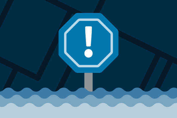 stop sign with exclamation point and flooding waves