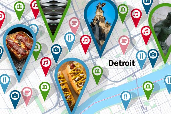 Street map of Detroit with map markers on major landmarks and destinations