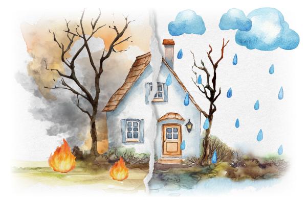 House split in half: one side next to a tree on fire, the other side under heavy rain
