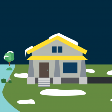 An image of a house near a river and melted snow