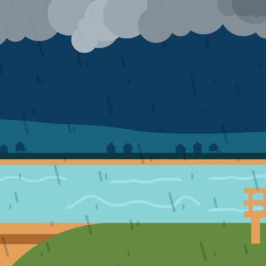 A picture of a house near a lake and mountains