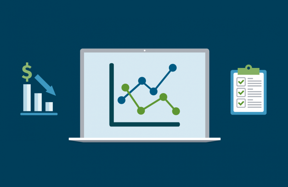 Illustrated line and bar graphs with a clipboard checklist