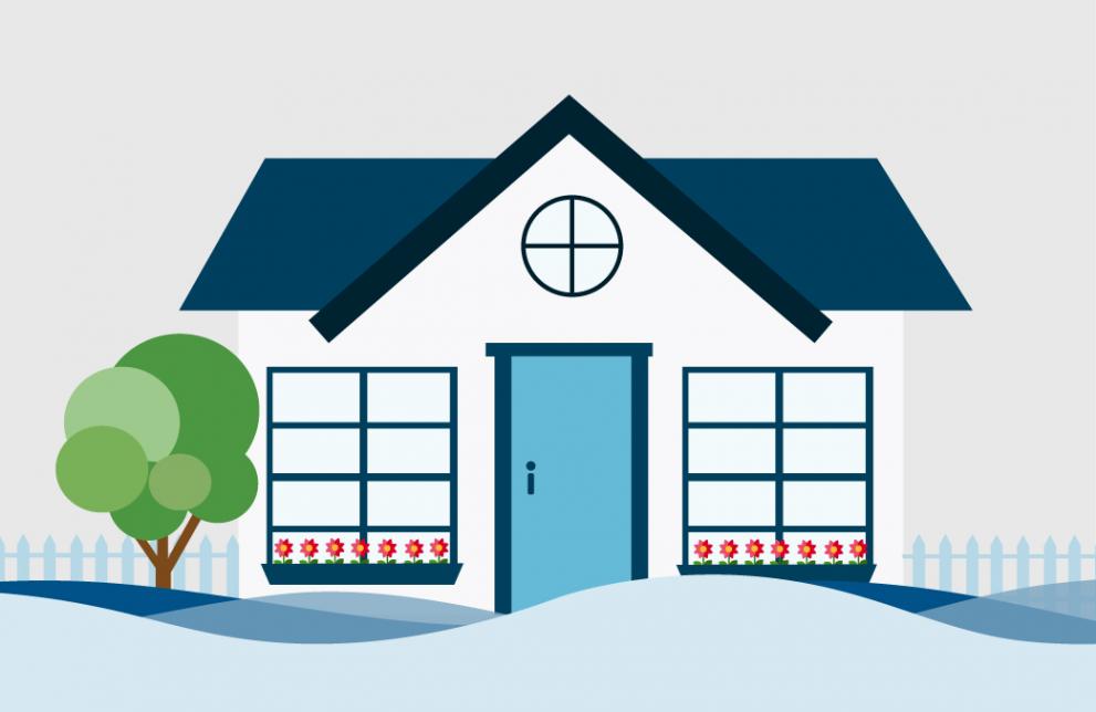 Illustrated flooded house with picket fence