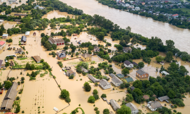 Arial view of a city flooded with muddy water