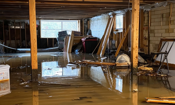 Flooded living space with ruined furniture