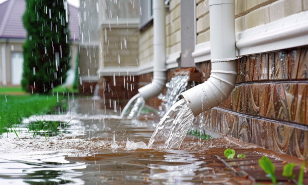 Close up of gutter spouts overflowing with water