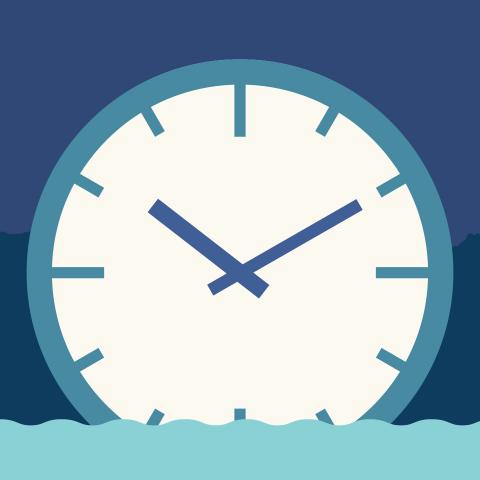 Graphic of a clock floating in floodwater