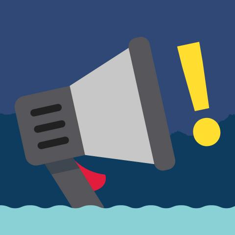 Graphic of a megaphone making an announcement and floating in floodwater