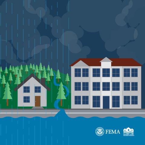 two buildings in metropolitan area with flooding