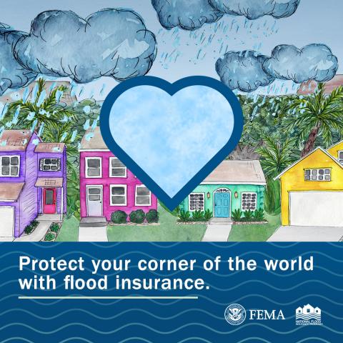 protect your corner of the world with flood insurance blue heart with houses in background