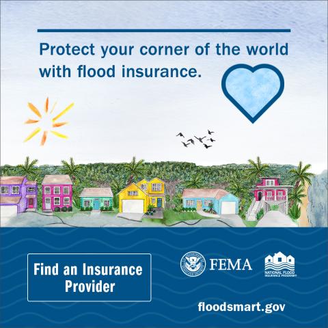 blue heart with houses in the background, protect your corner of the world with flood insurance