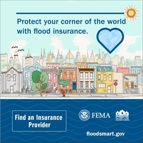 blue heart with apartments in the background and a find an insurance provider text