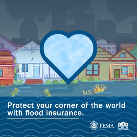 houses in the background with dark clouds over and a blue heart in front of the houses