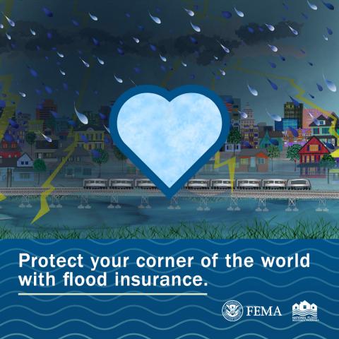 blue heart with rain falling and dark clouds over houses in the background