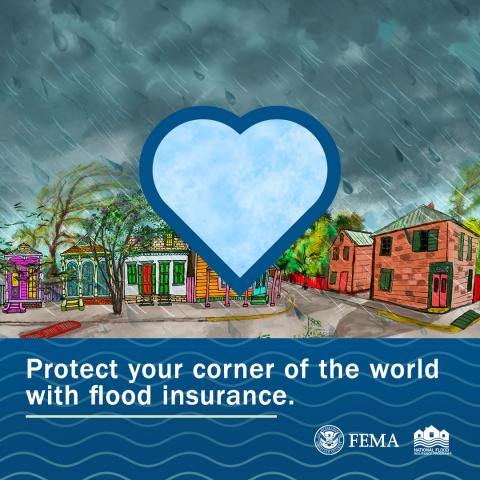 blue heart with storm cloud background and 'protect your corner of the world with flood insurance' text