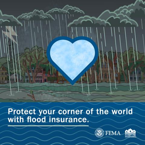 blue heart with rain clouds behind