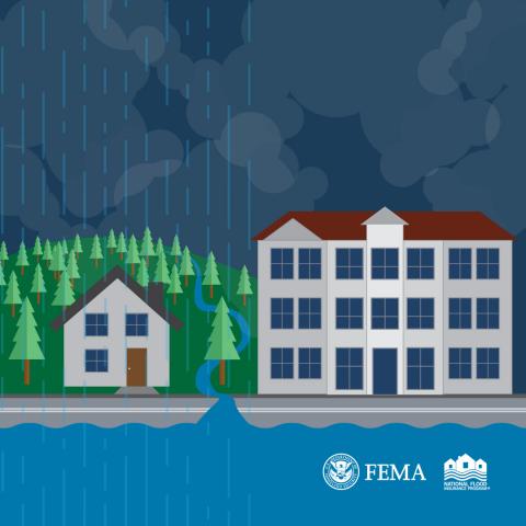 apartment building and house with rain falling over house