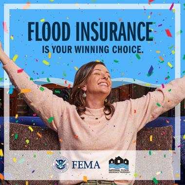 Woman celebrating, arms raised, while confetti falls. Text: Flood insurance is your winning choice